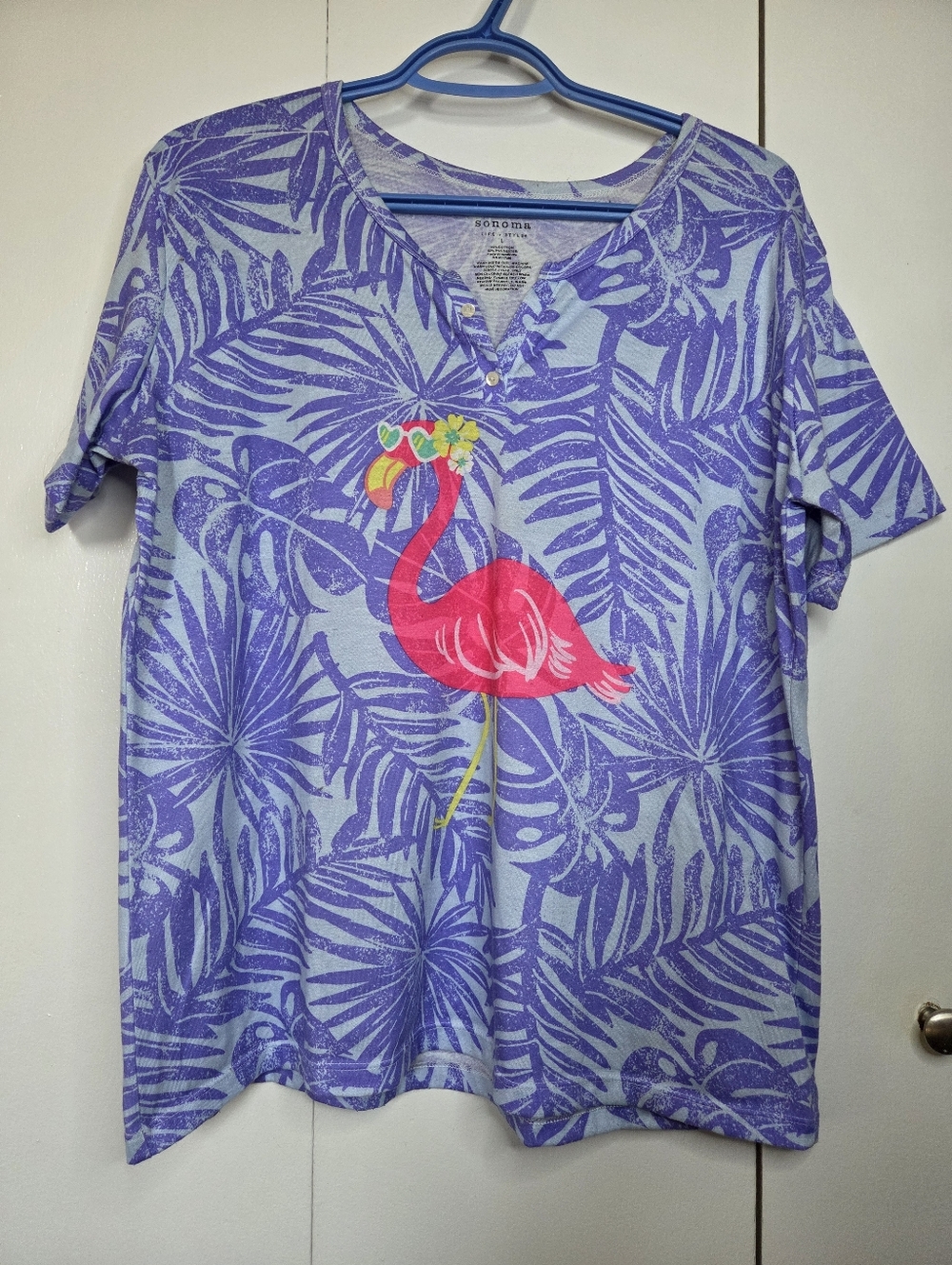 Sonoma Women's L Flamingo Graphic Purple and Blue Tropical Leaves T-Shirt